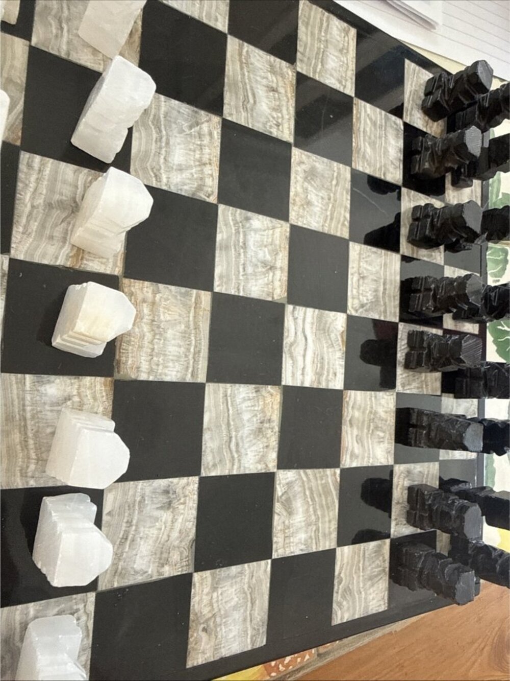 Vtg Carved White & Black Onyx Marble Stone Aztec Chess Set Board Complete 10 in - Picture 2 of 16